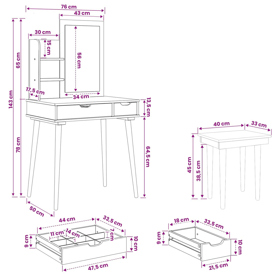 Makeupbord Sæt FAUSKE 4 pcs Hvid 76 x 50 x 143 cm