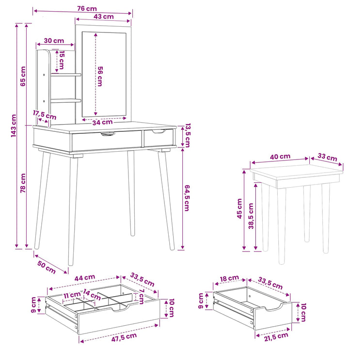 Makeupbord Sæt FAUSKE 4 pcs Hvid 76 x 50 x 143 cm