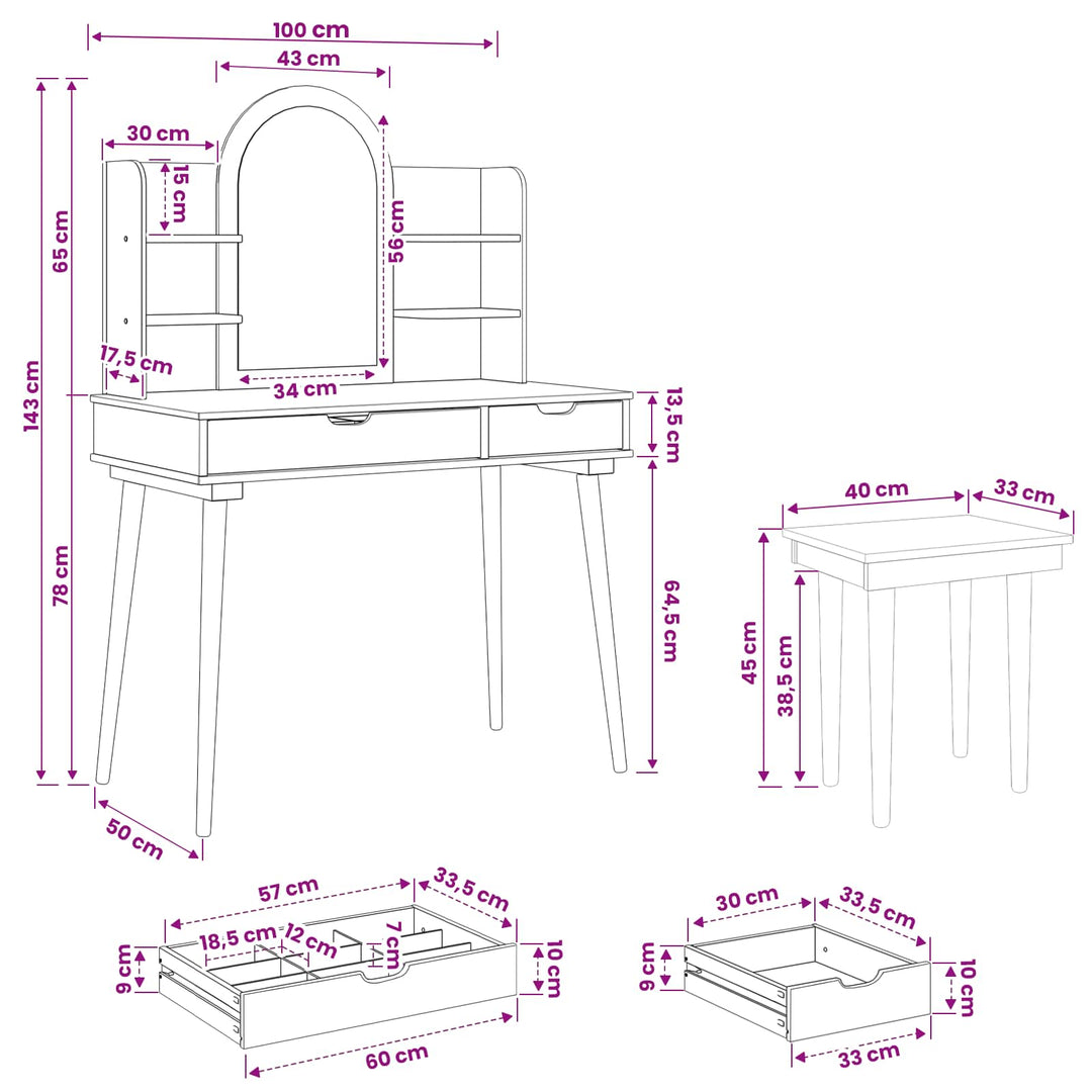 Makeupbord Sæt FAUSKE 5 pcs Hvid 100 x 50 x 143 cm