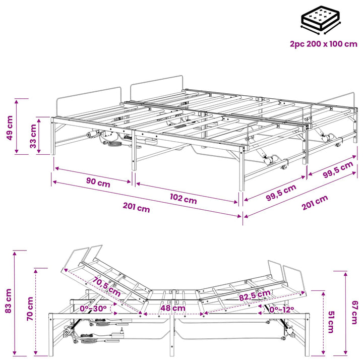 Elektrisk Justerbar Sengetramme Hvid 200 x 200 cm Stål