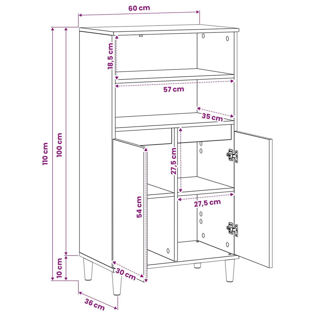 Highboard Egetræ 60 x 36 x 110 cm Konstrueret træ