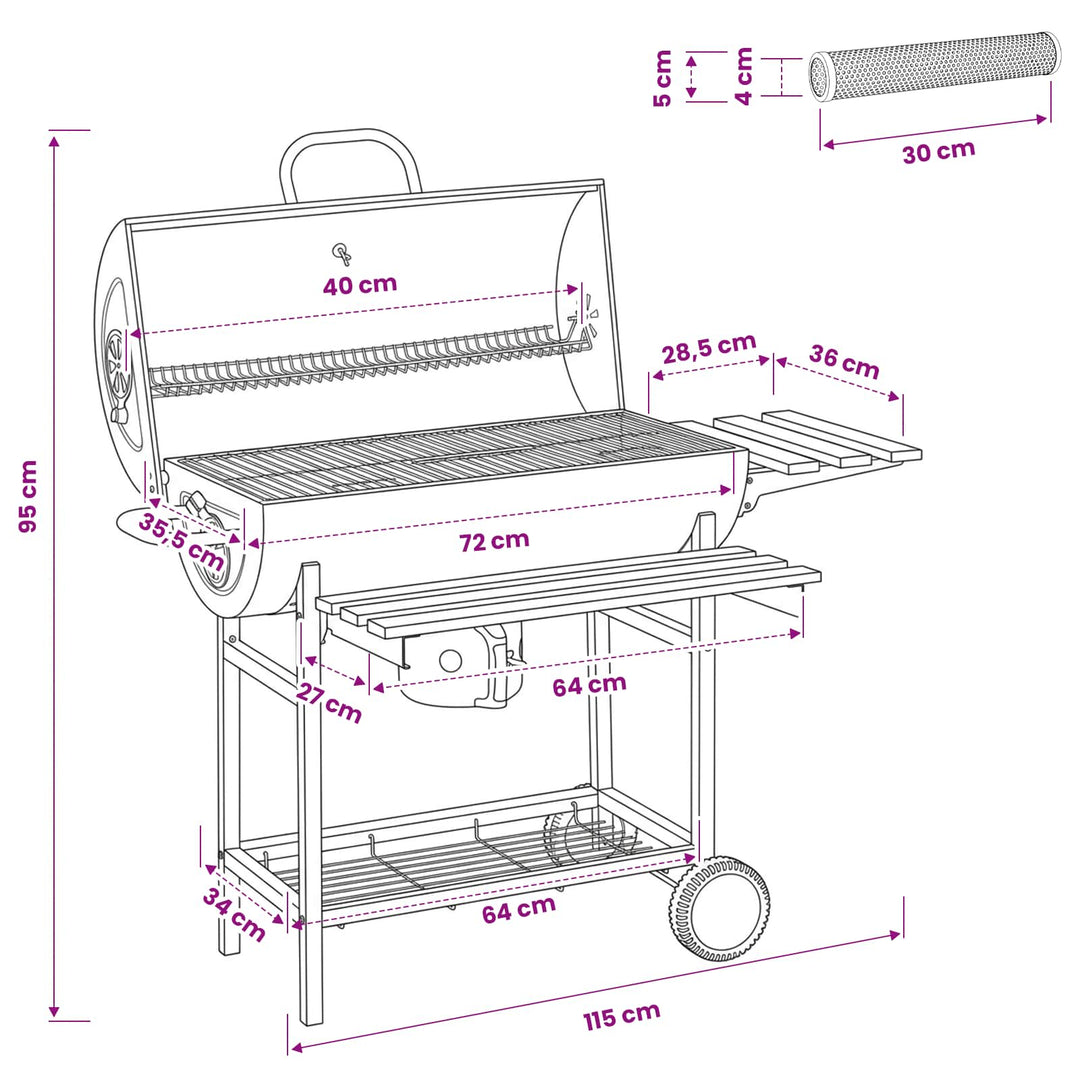 Tøndegrill med hjul og hylder 3 stk. 115 x 85 x 95 cm Metal