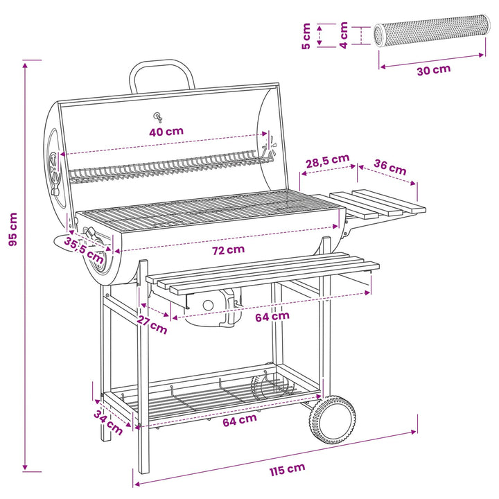 Tøndegrill med hjul og hylder 3 stk. 115 x 85 x 95 cm Metal