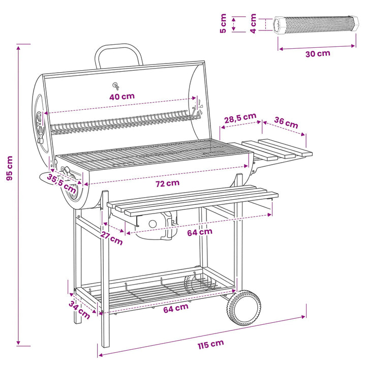 Tøndegrill med hjul og hylder 3 stk. 115 x 85 x 95 cm Metal