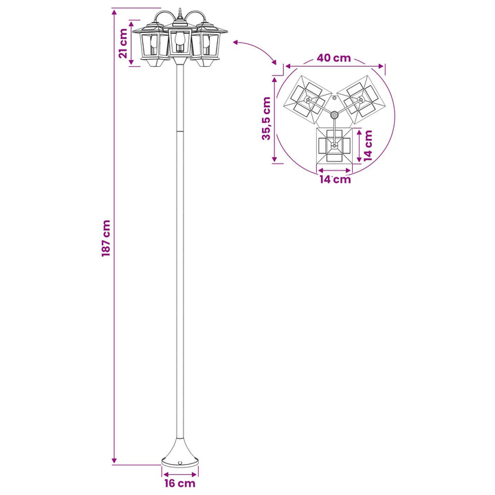 3-hoved lampepost with LED Bulb Sort 16 x 16 x 187 cm