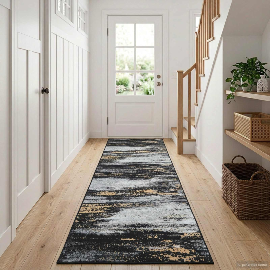 Tæppe Runner LESAKA Sort og Guld 80 x 350 cm Diamantvelour
