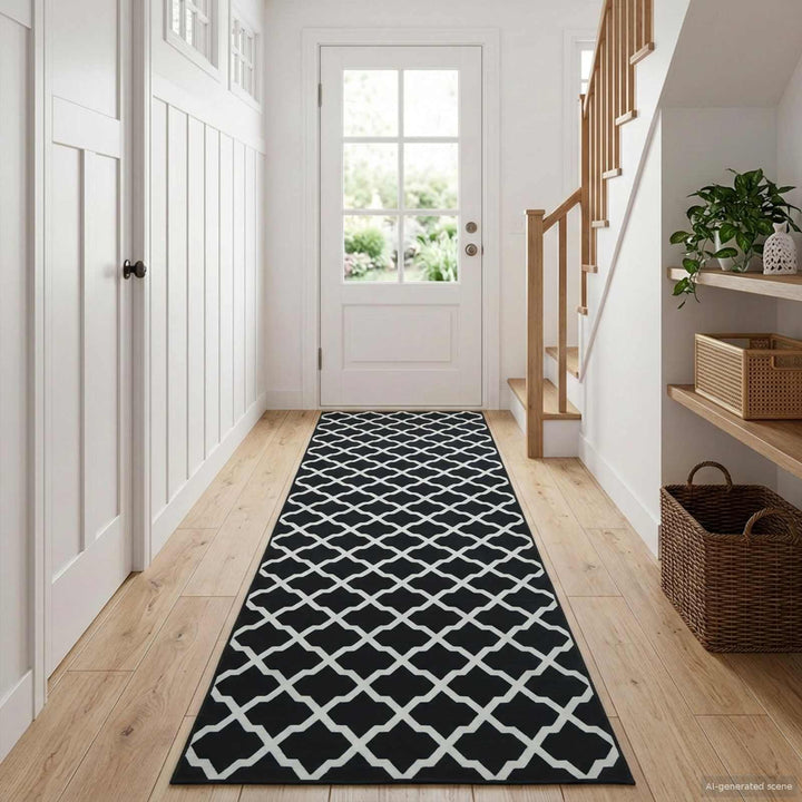 Tæppe Runner LESAKA Sort og hvid 80 x 450 cm Diamantvelour