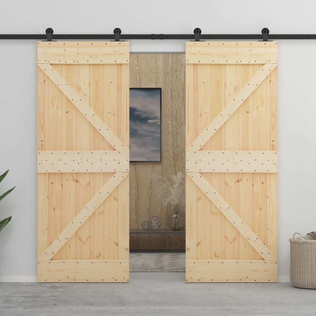 Skydedør 2 pcs Naturfarvet og sort Massivt fyrretræ