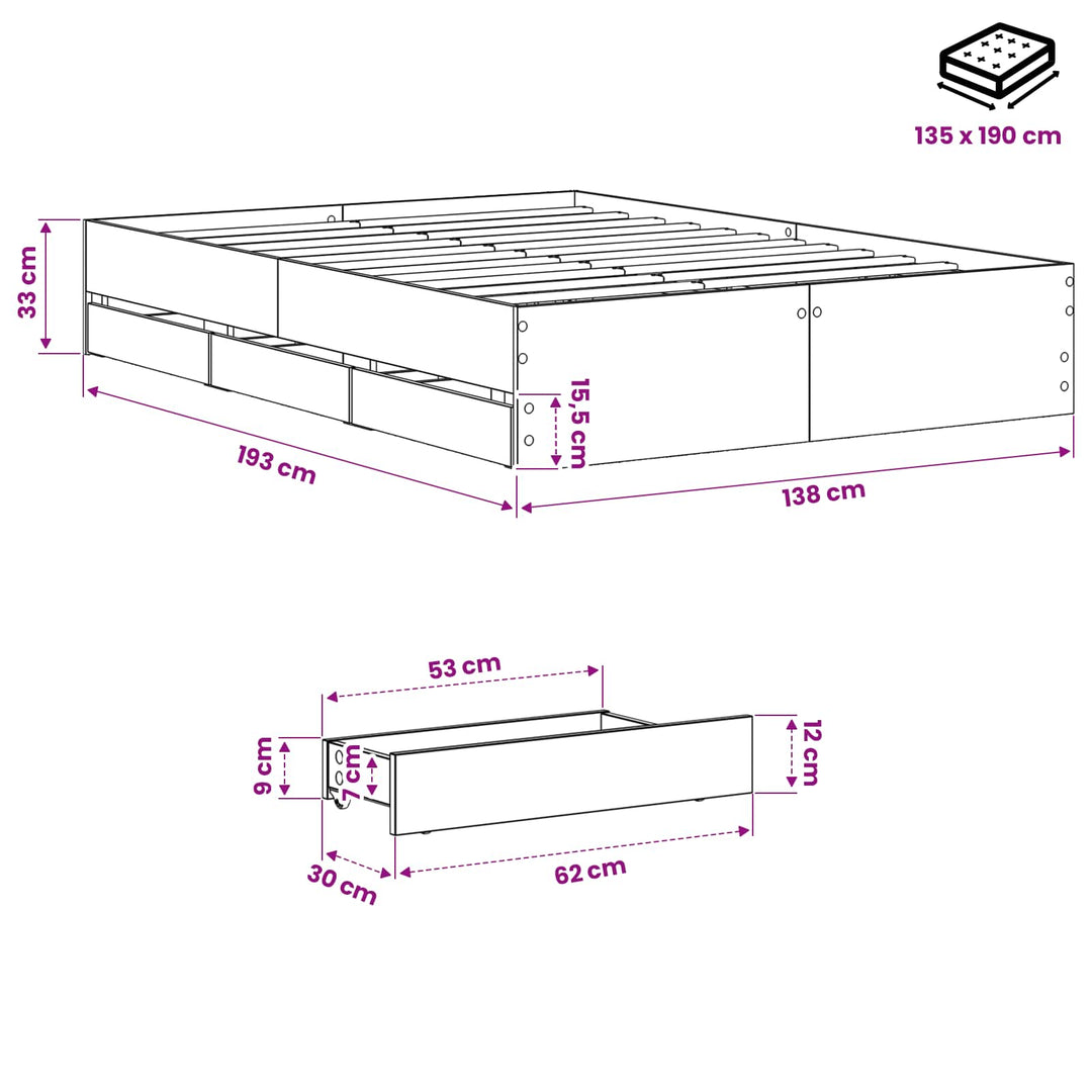 Sengestel med opbevaring Artisan-eg 135 x 190 cm