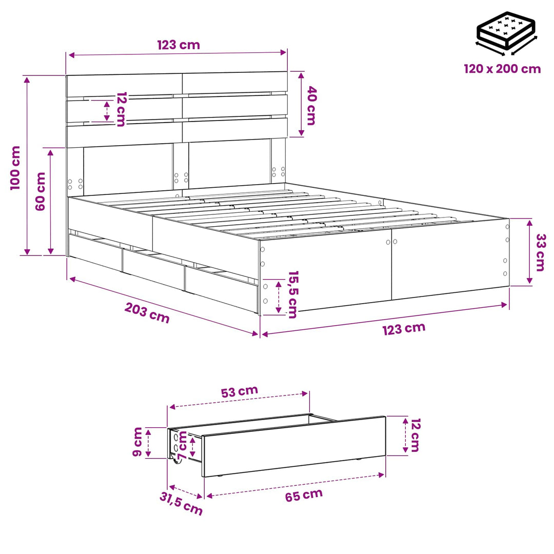 Bed Frame with Storage and Headboard Artisan Oak 120 x 200 cm