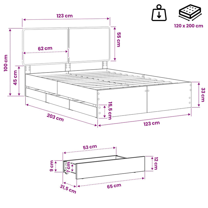 Bed Frame with Storage and Headboard Artisan Oak 120 x 200 cm