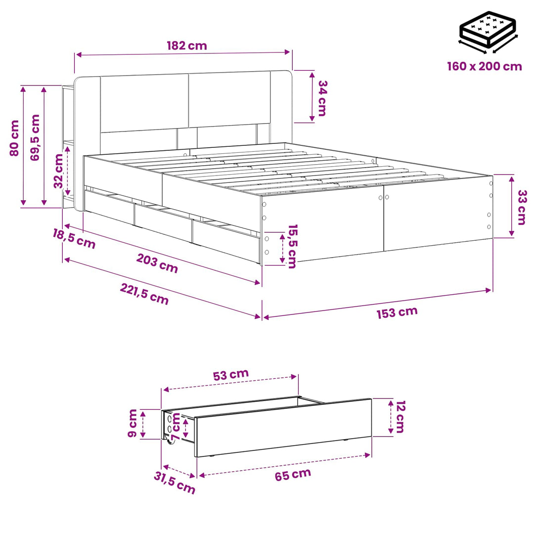 Sengestel med opbevaring og hovedgærde Artisan-eg 150 x 200 cm