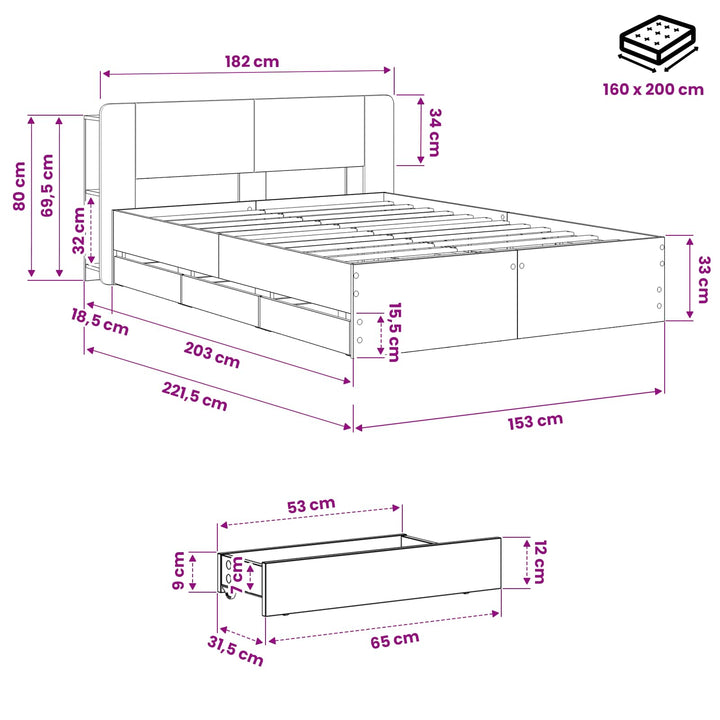 Sengestel med opbevaring og hovedgærde Artisan-eg 150 x 200 cm