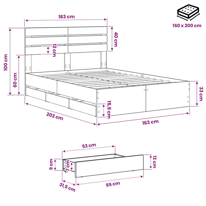Bed Frame with Storage and Headboard Artisan Oak 160 x 200 cm