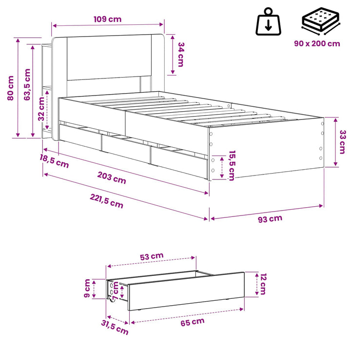 Sengestel med opbevaring og hovedgærde Artisan-eg 90 x 200 cm