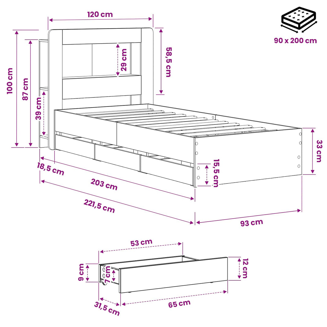 Sengestel med opbevaring og hovedgærde Artisan-eg 90 x 200 cm