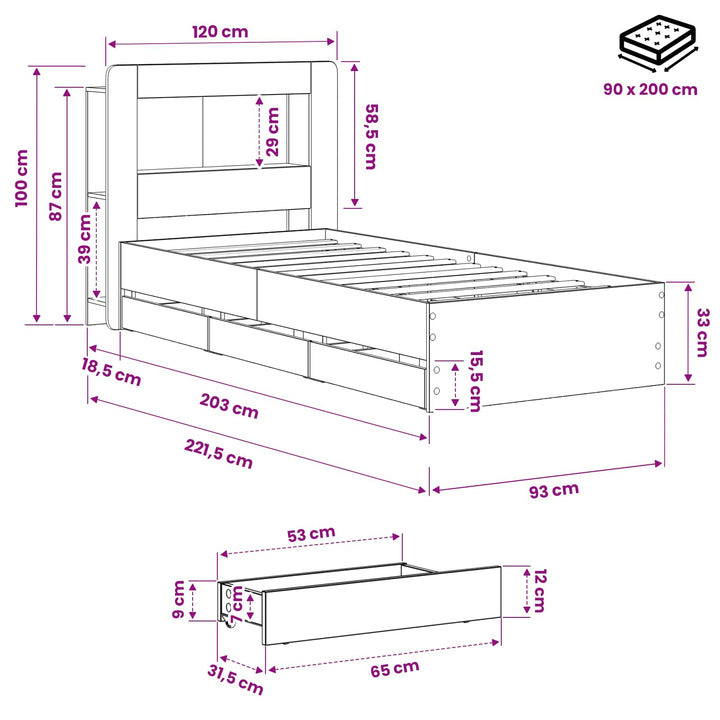 Sengestel med opbevaring og hovedgærde Artisan-eg 90 x 200 cm