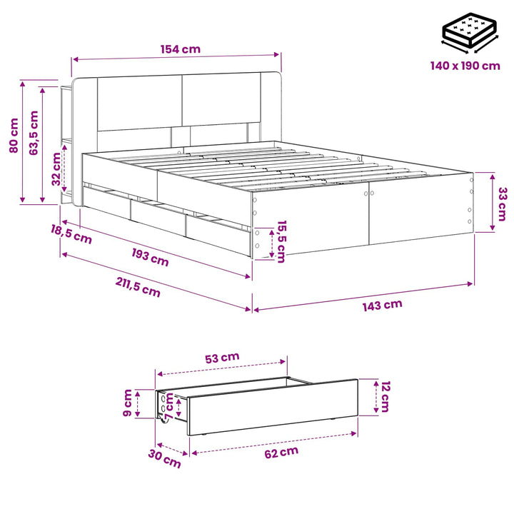 Sengestel med opbevaring og hovedgærde Artisan-eg 140 x 190 cm