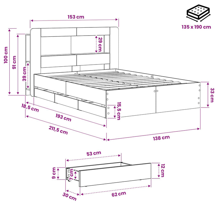 Sengestel med opbevaring og hovedgærde Artisan-eg 135 x 190 cm
