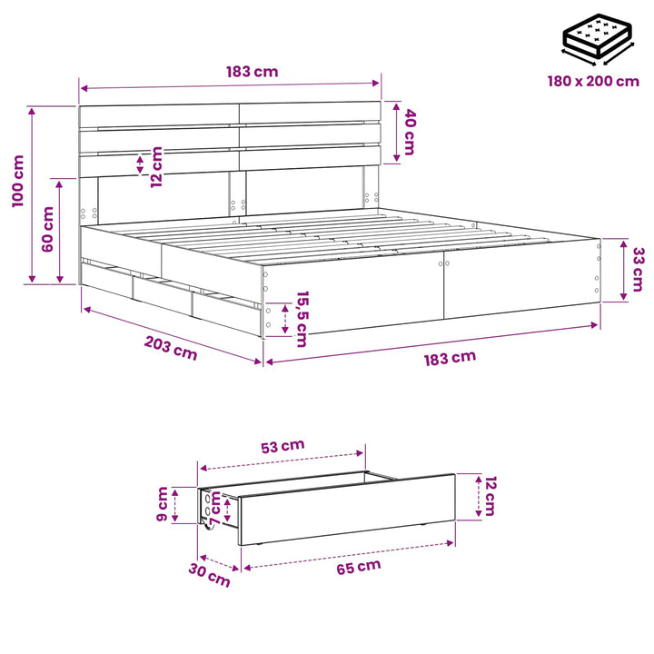 Bed Frame with Storage and Headboard Artisan Oak 180 x 200 cm