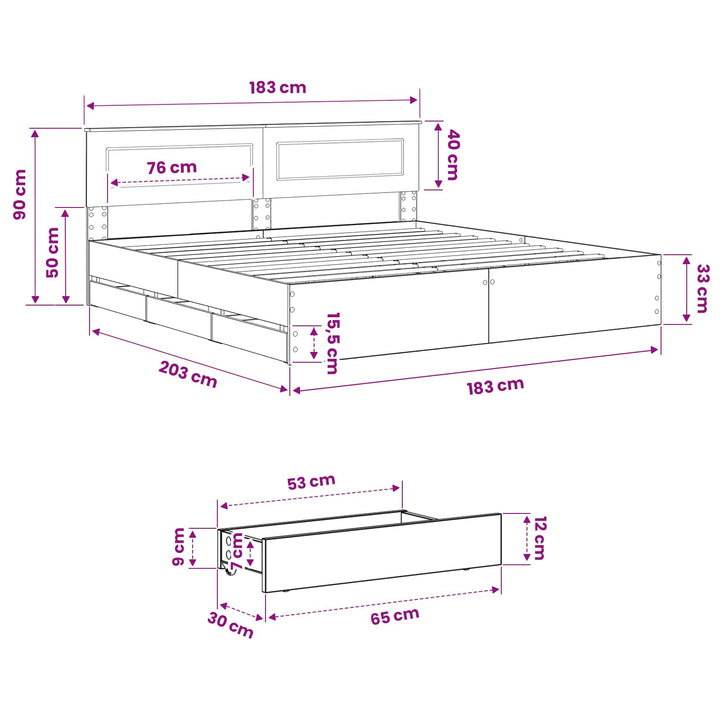 Bed Frame with Storage and Headboard Artisan Oak 180 x 200 cm
