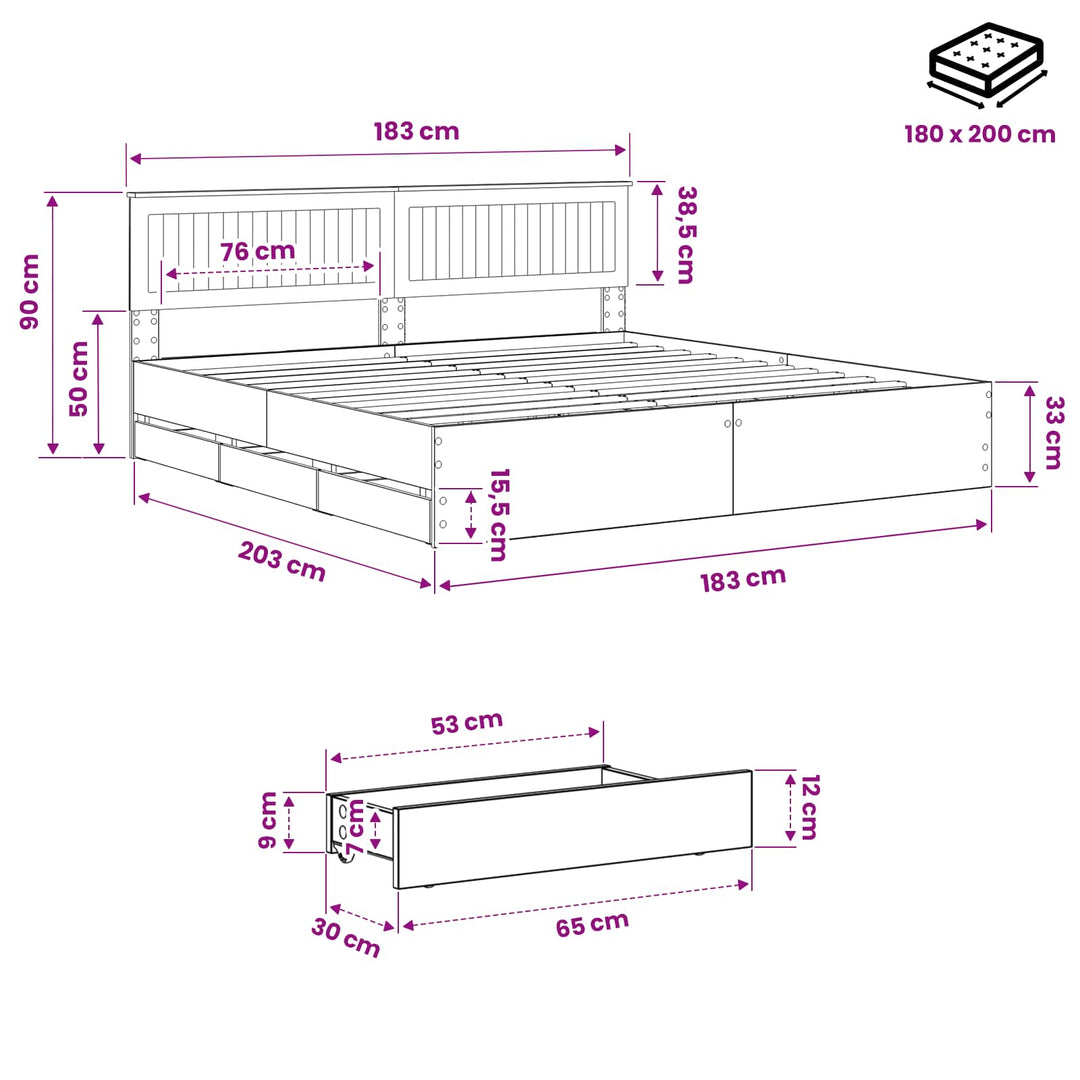 Bed Frame with Storage and Headboard Artisan Oak 180 x 200 cm