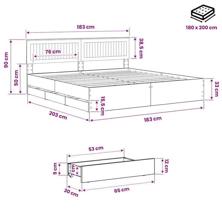 Bed Frame with Storage and Headboard Artisan Oak 180 x 200 cm