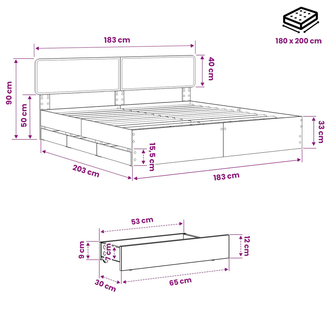 Bed Frame with Storage and Headboard Artisan Oak 180 x 200 cm
