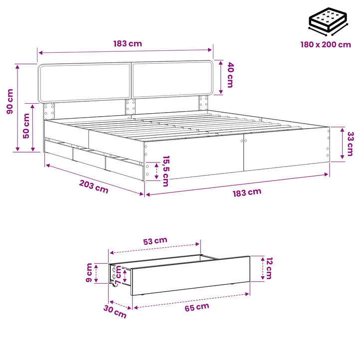 Bed Frame with Storage and Headboard Artisan Oak 180 x 200 cm