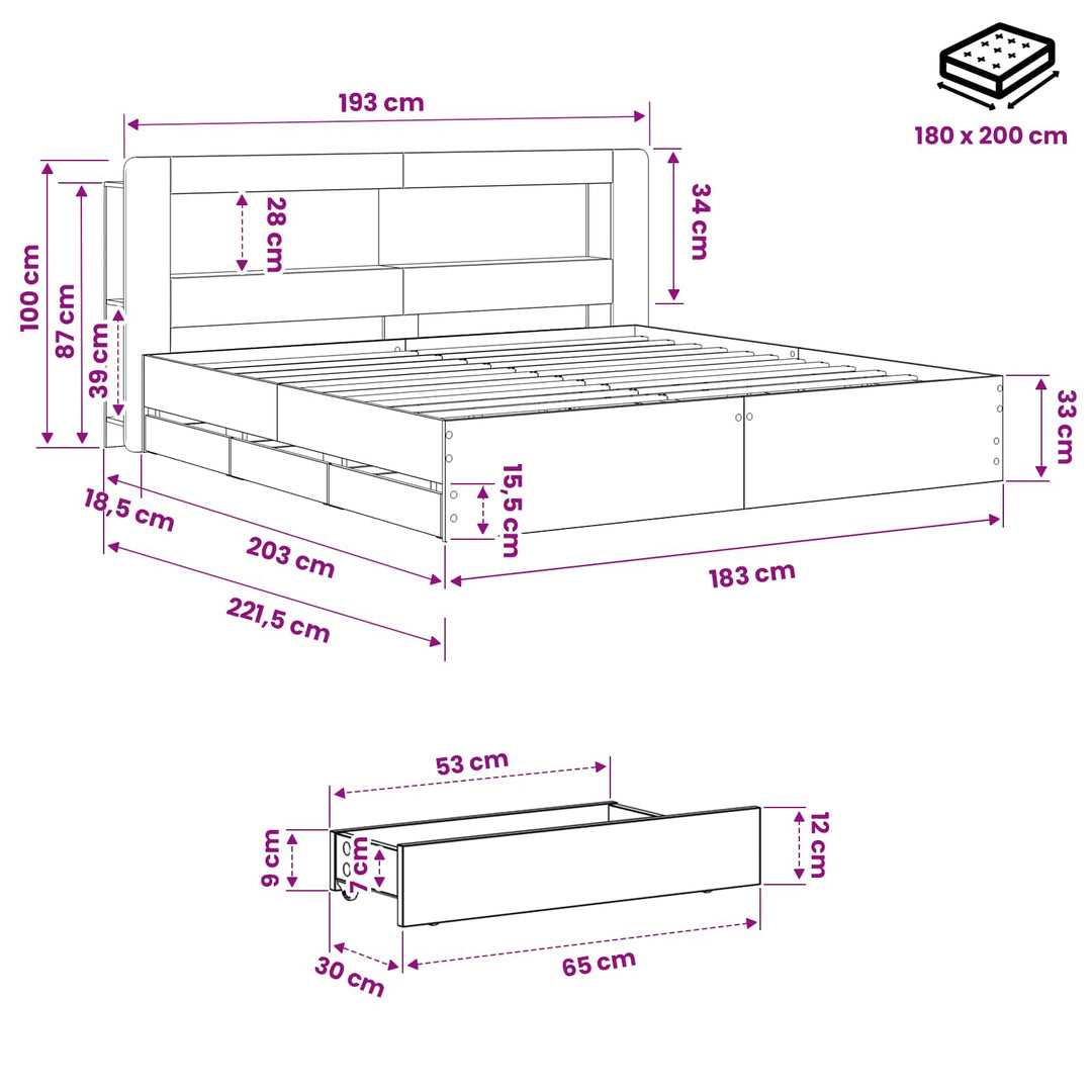 Sengestel med opbevaring og hovedgærde Artisan-eg 180 x 200 cm