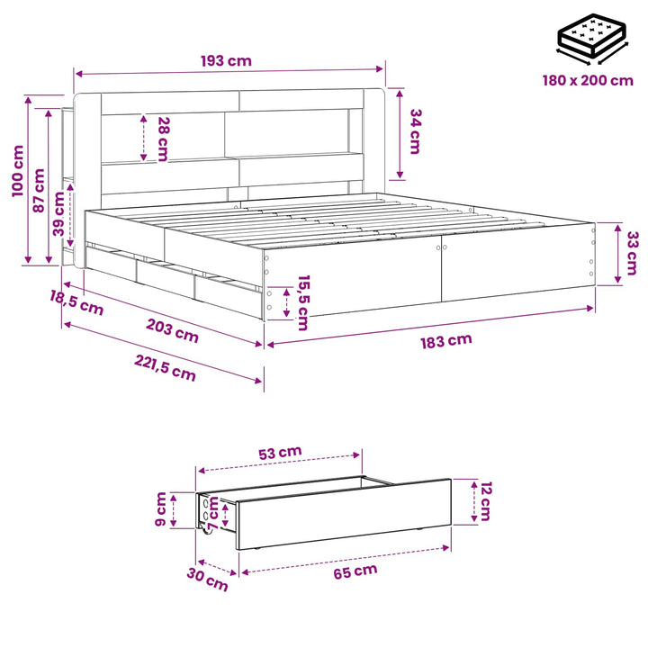 Sengestel med opbevaring og hovedgærde Artisan-eg 180 x 200 cm