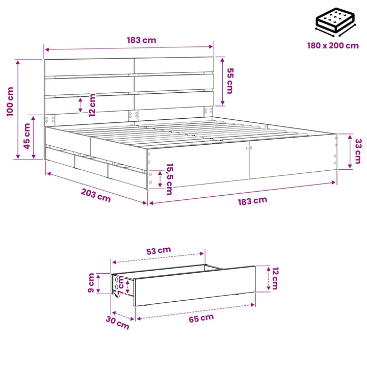 Bed Frame with Storage and Headboard Artisan Oak 180 x 200 cm