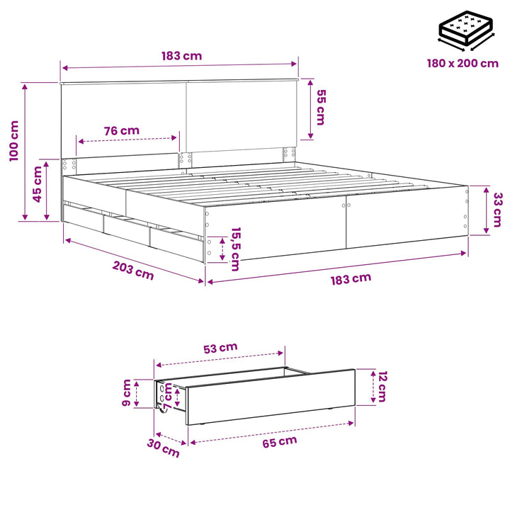 Bed Frame with Storage and Headboard Artisan Oak 180 x 200 cm