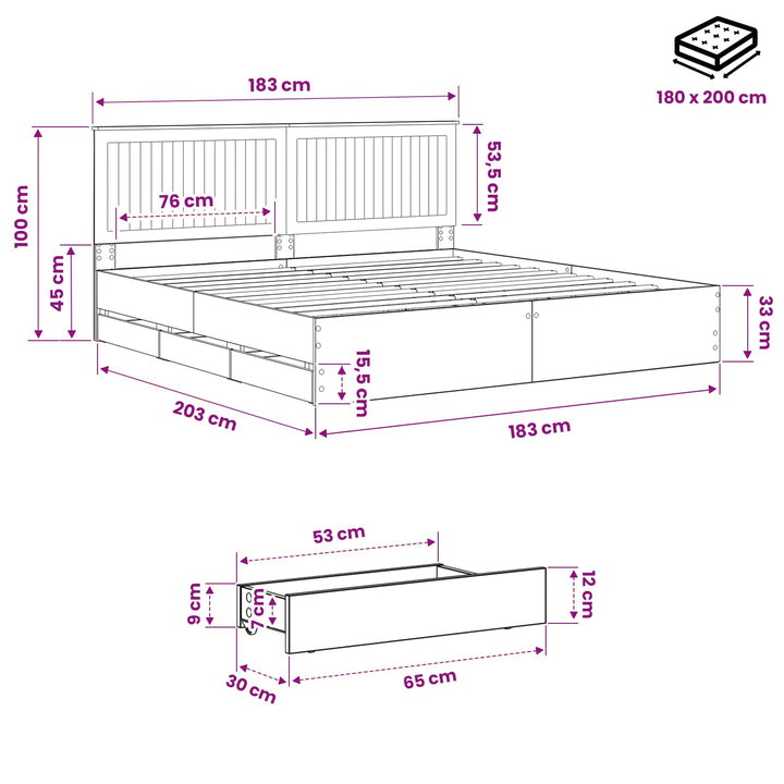 Bed Frame with Storage and Headboard Artisan Oak 180 x 200 cm