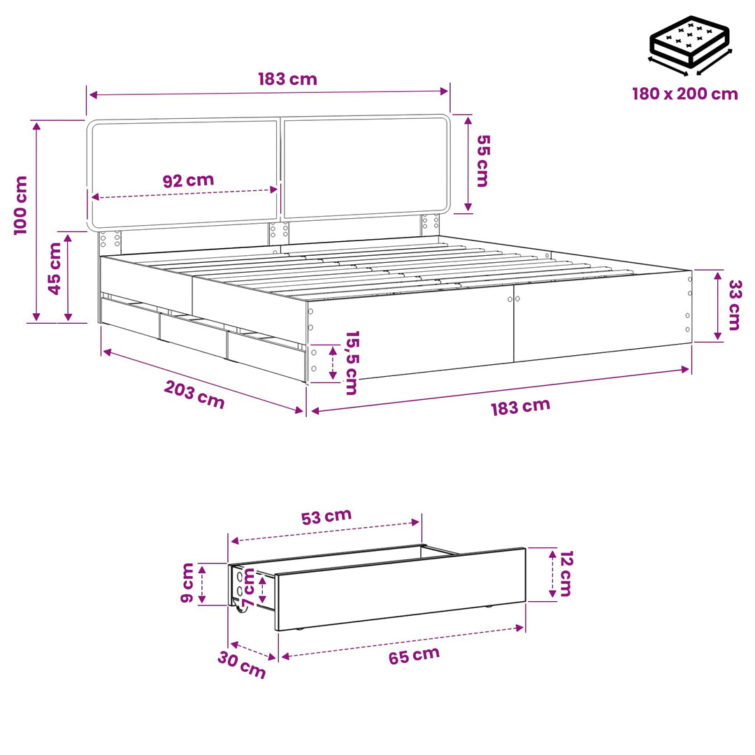 Bed Frame with Storage and Headboard Artisan Oak 180 x 200 cm