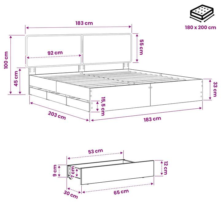 Bed Frame with Storage and Headboard Artisan Oak 180 x 200 cm