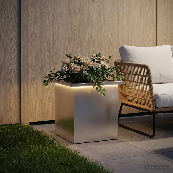 Plantekasse med LED Sølv 30 x 30 x 30 cm Galvaniseret stål