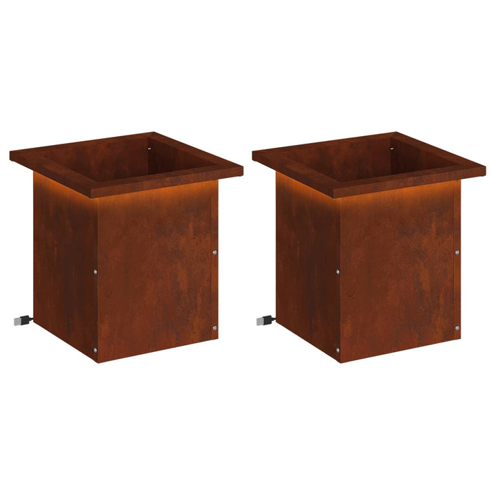 Plantekasse med LED 2 stk. Rusten 30 x 30 x 30 cm Cortenstål