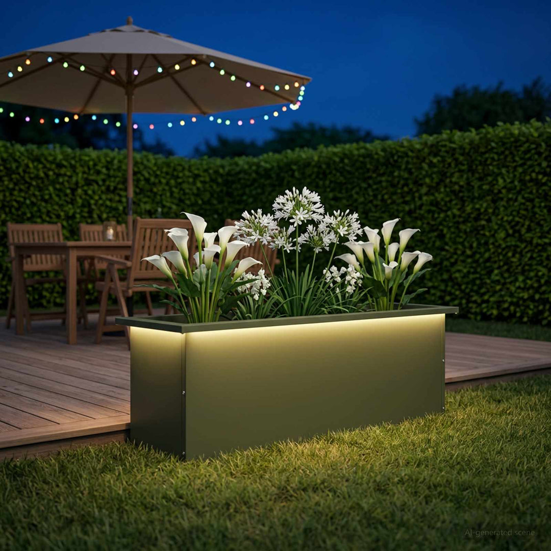 Plantekasse med LED Olivengrøn 30 × 100 × 30 cm Stål