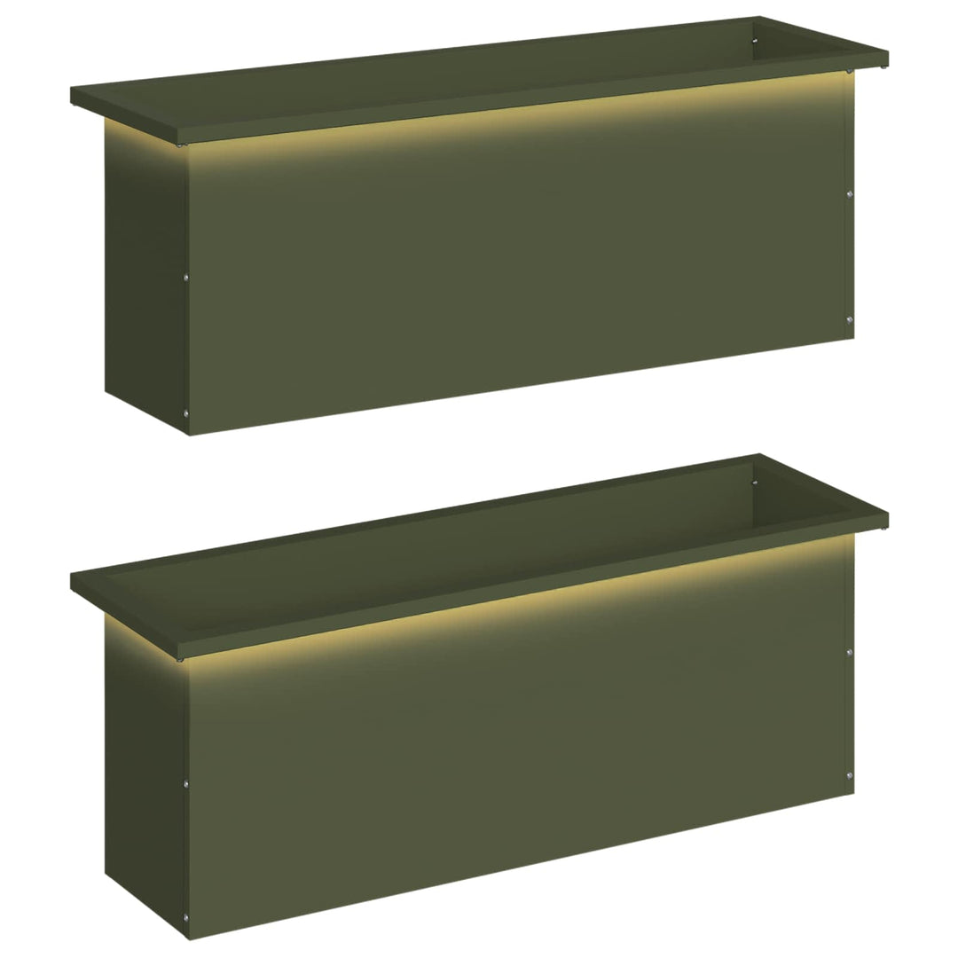 Plantekasse med LED 2 stk. Olivengrøn 30 × 100 × 30 cm Stål