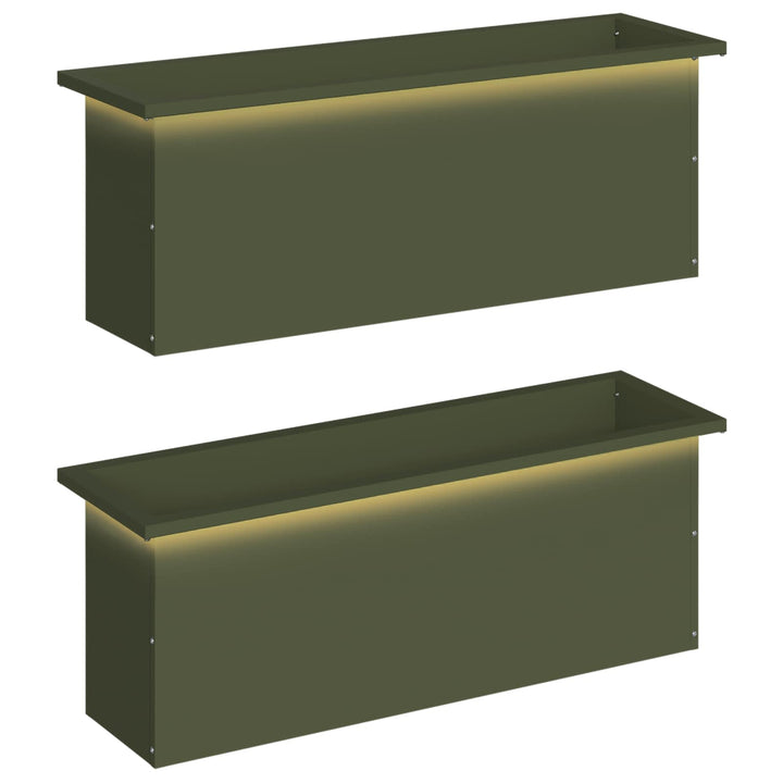 Plantekasse med LED 2 stk. Olivengrøn 30 × 100 × 30 cm Stål