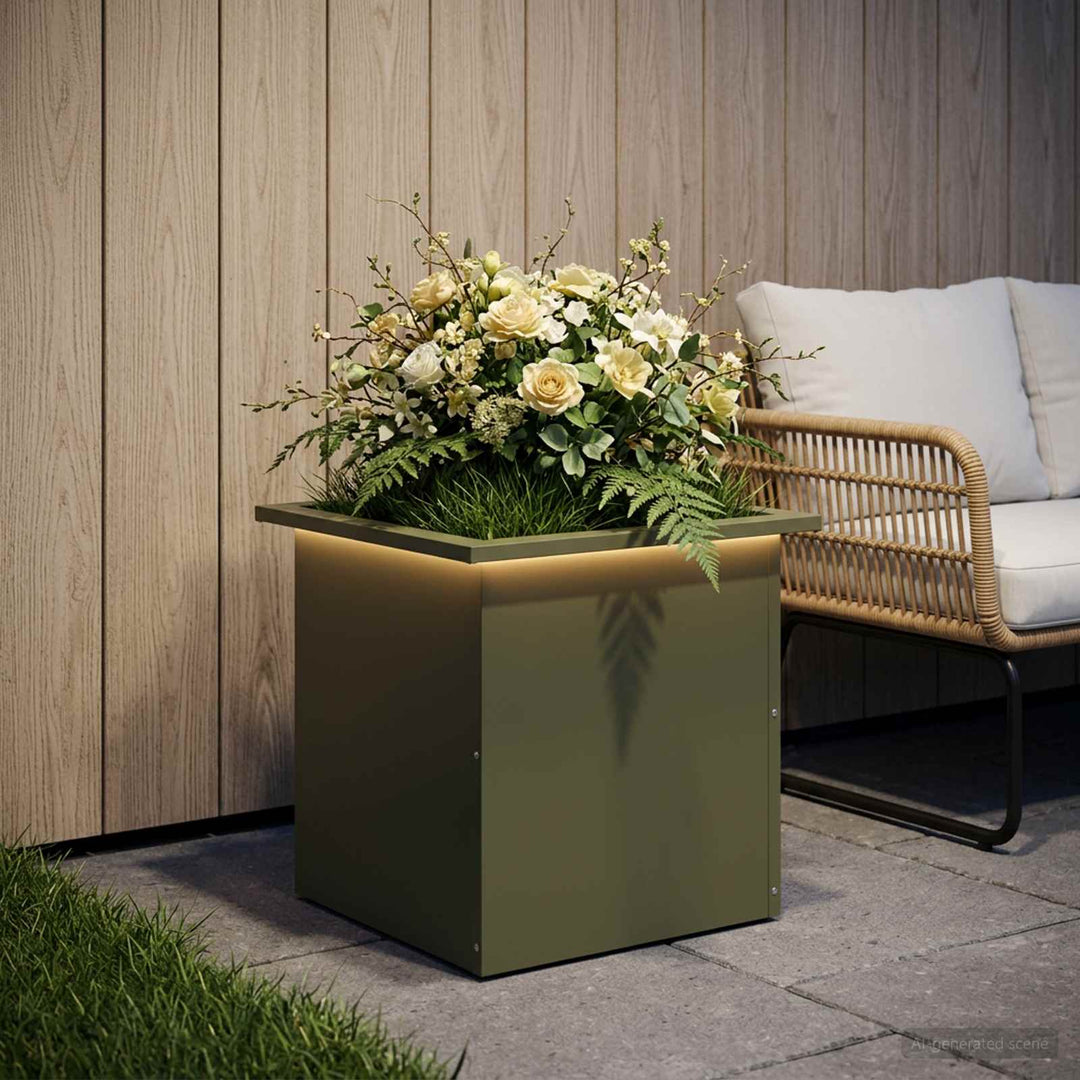 Plantekasse med LED Olivengrøn 40 x 40 x 40 cm Stål