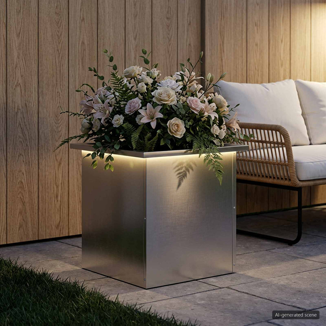 Plantekasse med LED Sølv 40 x 40 x 40 cm Rustfrit stål