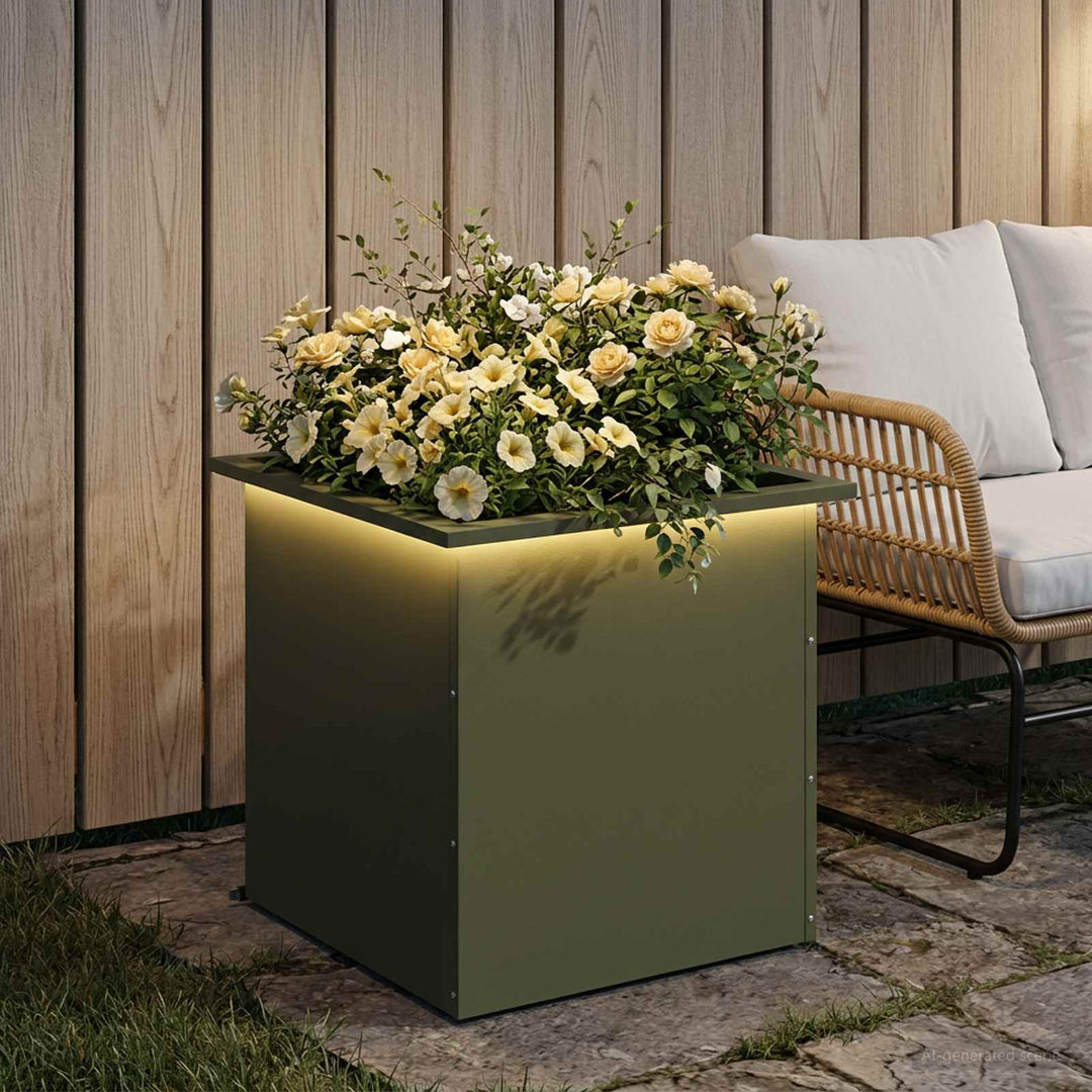 Plantekasse med LED Olivengrøn 50 × 50 × 48 cm Stål