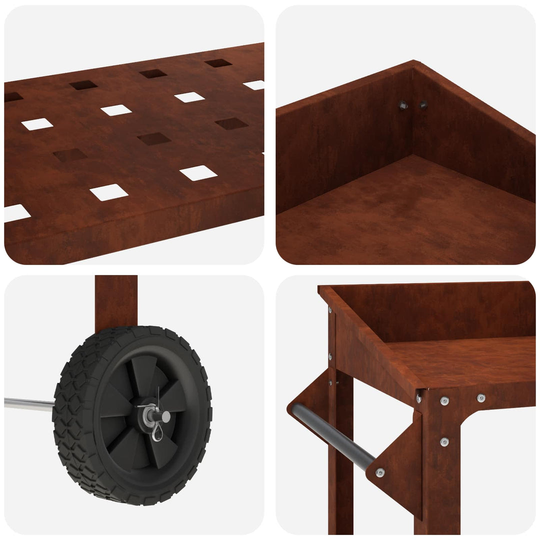 Pottebord med hjul Rusten 96 x 50 x 89 cm Cortenstål