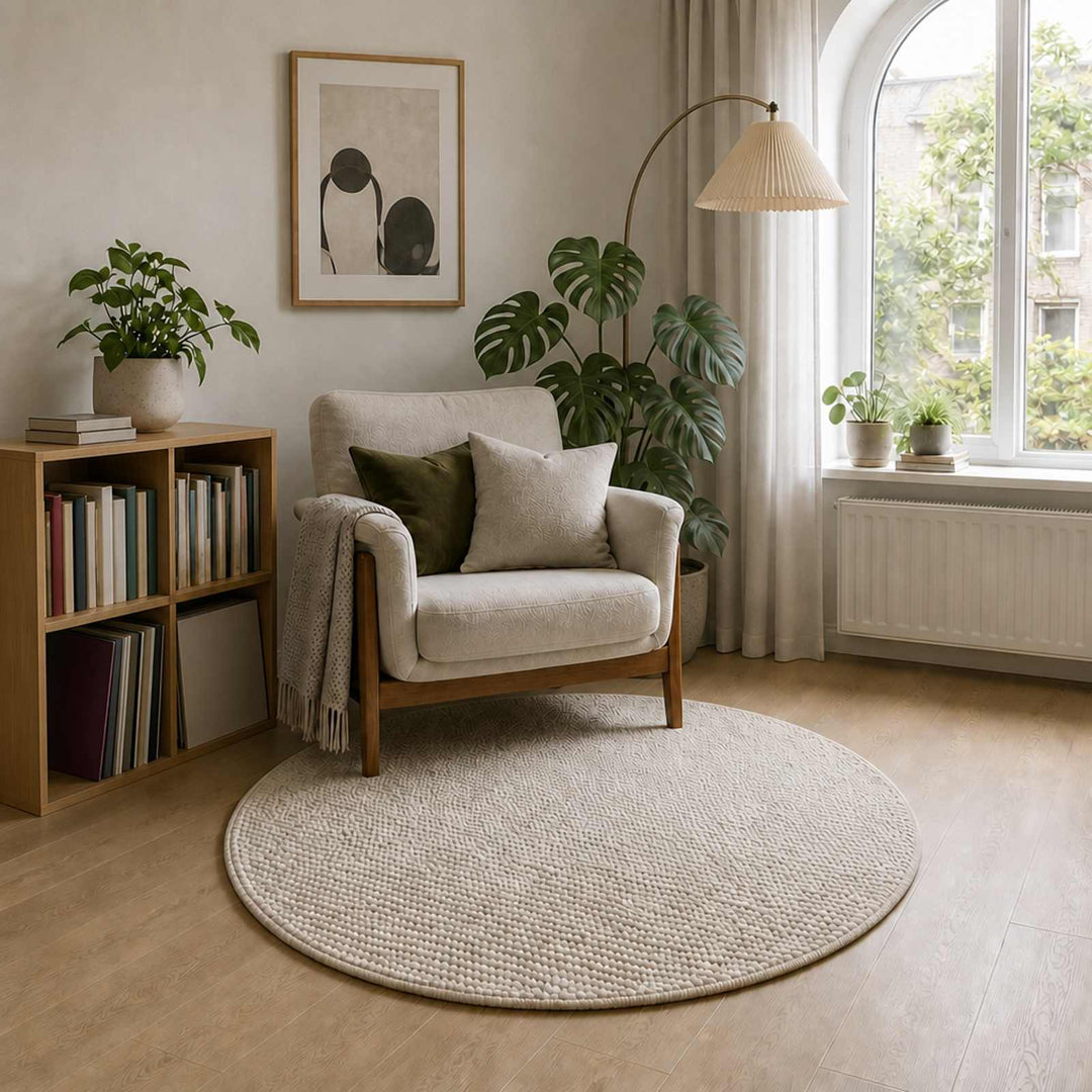 Tæppe Cremefarvet Ø 120 cm 100% polyester 3 mm Vaskbar