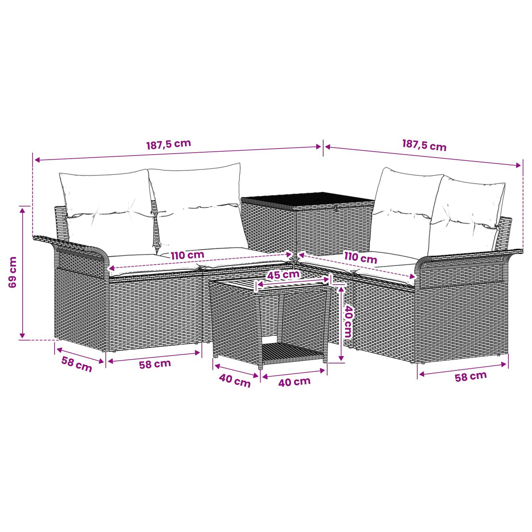 Sofa Sæt 6 stk. Sort Poly Rattan og Stål