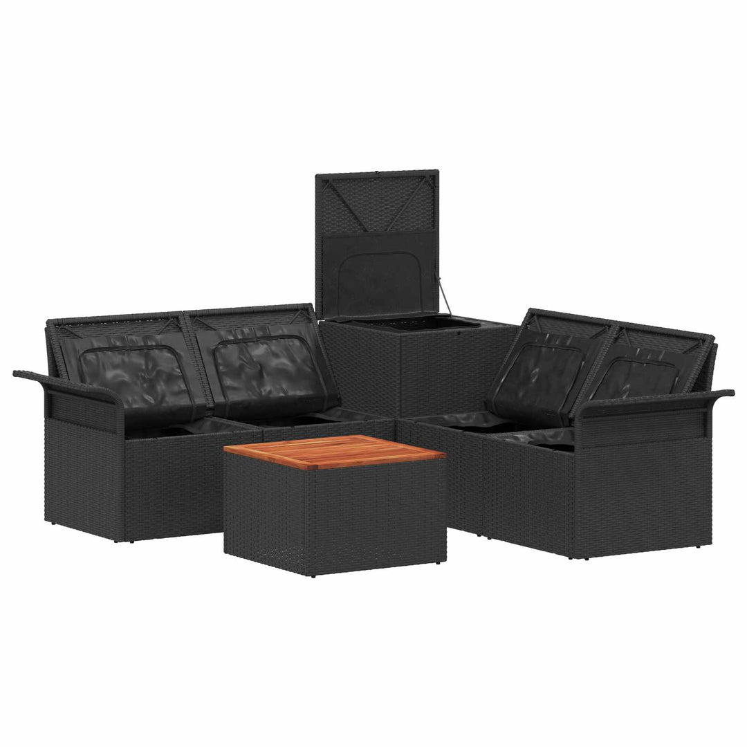 Sofa Sæt 6 stk. 4-Antal sæder Sort og Blå Poly Rattan og Stål
