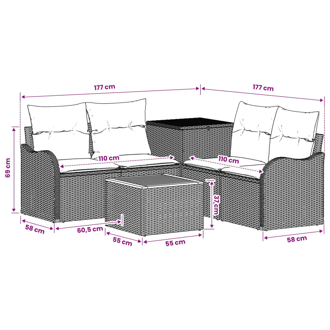 Sofa Sæt 6 stk. Sort Poly Rattan og Stål