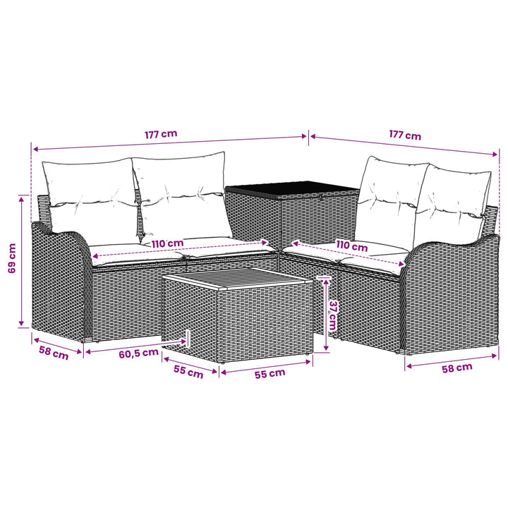 Sofa Sæt 6 stk. Sort Poly Rattan og Stål